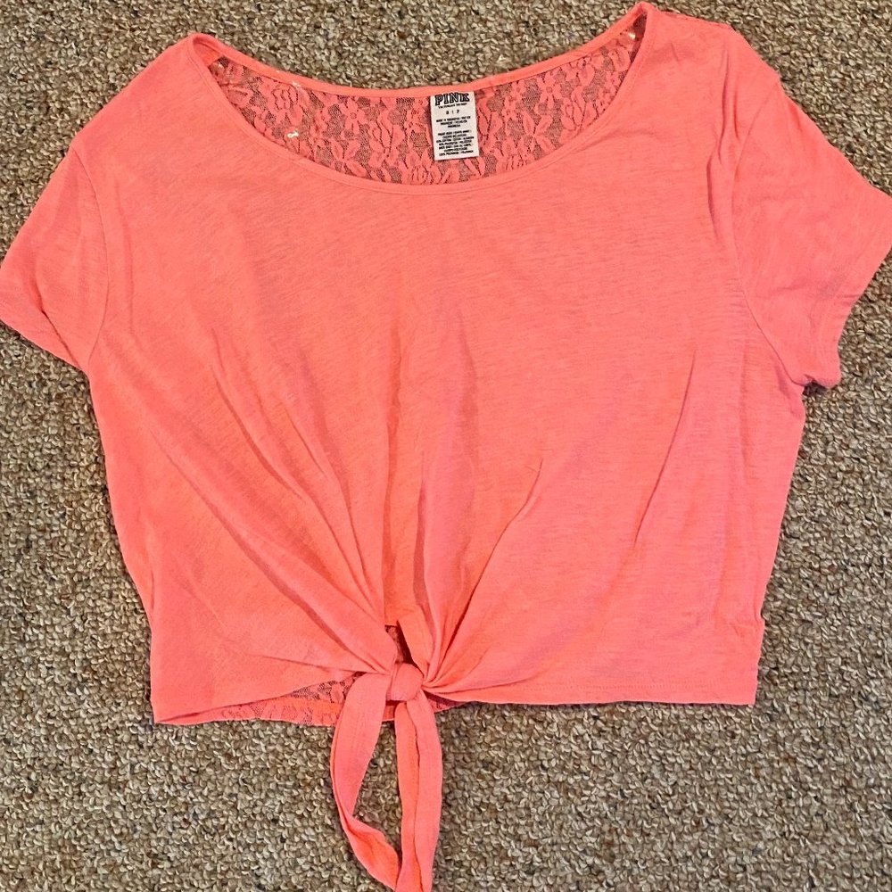 PINK Coral Crop Top With Lace Back Size S